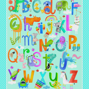 May include: A colorful alphabet chart featuring letters A through Z, each adorned with an animal illustration. The background is a light teal with a polka dot border. Animals include a giraffe, koala, zebra, and more.