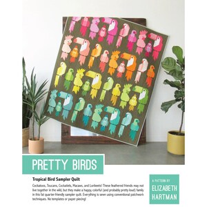 May include: A colourful quilt featuring a pattern of stylised birds in various colours, including pink, orange, yellow, and blue, against a dark green background. The quilt is titled "Pretty Birds" and is a tropical bird sampler quilt.