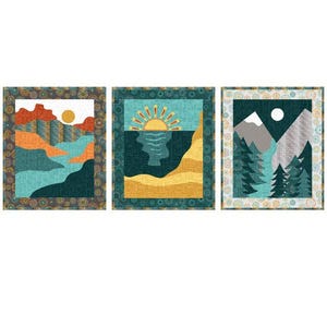 Trio de vues de cartes postales de Benartex - Contempo - Collection Find Your Way by Lisa Ruble en Kanvas, taille finie : 20 x 24 cm chaque 100 % coton