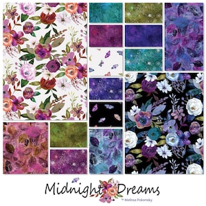 May include: A collection of 12 fabric squares featuring a variety of floral and abstract patterns in shades of purple, blue, green, and white. The fabric squares are arranged in a grid pattern and labelled "Midnight Dreams" by Melissa Polomsky.