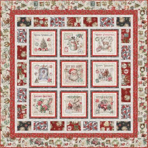 May include: A Christmas-themed quilt with a patchwork design. The quilt features nine central squares with holiday imagery, including a Christmas tree, snowman, and Santa Claus. The border is red and white with festive patterns.