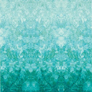 May include: Abstract fabric with a watercolor effect in shades of teal, turquoise, and white. The pattern has a symmetrical design with a marbled appearance, suitable for various craft projects.
