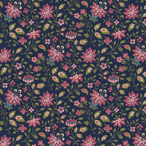 May include: A repeating pattern on a navy blue background, showcasing a floral design. The pattern features pink flowers with teal details, small pink blossoms, and green leaves and vines, creating a classic botanical style.