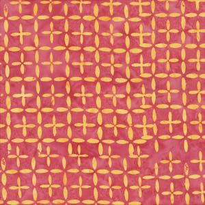 May include: A square fabric with a repeating pattern of yellow cross-like shapes on a pink background. The pattern is evenly spaced, creating a grid-like design. The fabric has a slightly textured appearance.