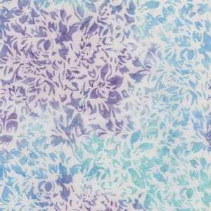May include: A fabric with a floral pattern in shades of blue and purple on a white background. The design features stylized flowers and leaves, creating a soft, watercolor effect. The fabric is likely suitable for quilting, apparel, or home decor projects.