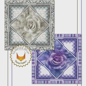May include: A design featuring two quilt squares with rose patterns. The top square has a gray rose, and the bottom square has a purple rose. The text "Rose in Focus" and "Size: 80" x 80"" are visible.