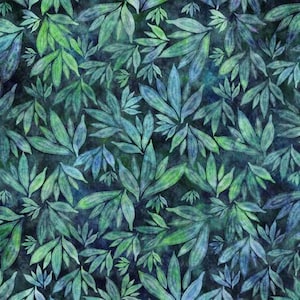May include: A seamless pattern featuring a repeating design of blue and green leaves on a dark blue background. The leaves are stylised and have a watercolour effect.