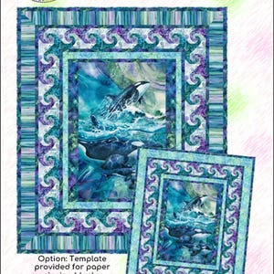 May include: A quilting pattern for a whale song quilt. The pattern features a large whale jumping out of the water with a blue, green, and purple color scheme. The pattern is 60 inches by 72 inches and is called "Whale Song".