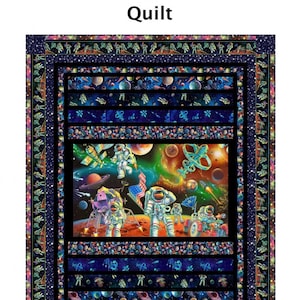May include: A quilt pattern featuring a space-themed design with astronauts, planets, and stars. The pattern is called "Wanderlust Quilt" and the pattern number is PTNMM0060.