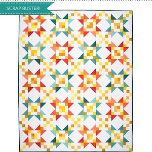 May include: A quilt pattern named "Starlite" by Eliane Bergmann, featuring a repeating star design in red, yellow, orange, and teal on a white backdrop. The text "Scrap Buster!" is also visible. The pattern is suitable for baby, lap, throw, and bed quilts.