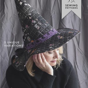 May include: A quilted witch hat sewing pattern, "the Spellbound Hat," with three variations. The hat is black with a purple band and a quilted design. The pattern is by Melissa Mortenson.