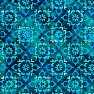 May include: A seamless pattern featuring a repeating design of blue and teal stylized flowers on a dark blue background.