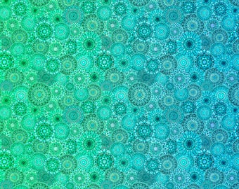 Kaleidoscopic Medallion Fabric: Blue, Teal, Green Ombre - Jewelscape by Dan Morris