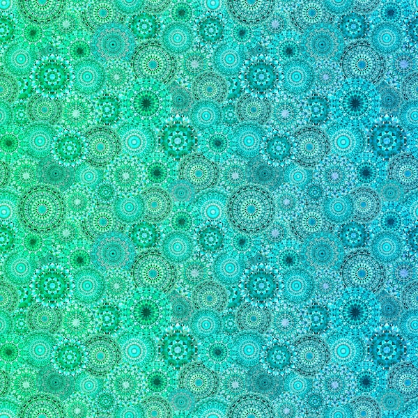 Kaleidoscopic Medallion Fabric: Blue, Teal, Green Ombre - Jewelscape by Dan Morris