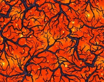 Abra-Cat-Dabra Orange Black Tree and Branch Toss 100% cotton quilting fabric QT Fabrics Halloween Creepin it Real 44/45"