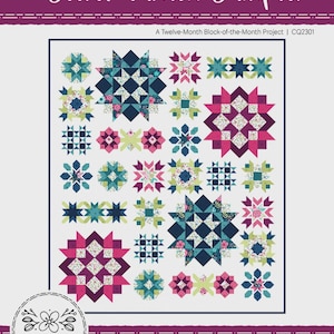 May include: A quilt with a floral star pattern, titled "Secret Garden Sampler." The quilt features various star designs in shades of blue, pink, green, and white. The dimensions are 80" x 92". The quilt is a twelve-month block-of-the-month project.
