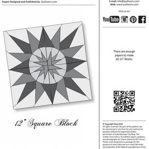 May include: A black and white quilt pattern for a 12-inch square block featuring a cactus flower design. The pattern is called "Charm Elements #11 Cactus Flower" and is designed by Brad and Judy Niemeyer. The pattern includes instructions for making six 12-inch blocks.
