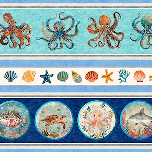 May include: A decorative fabric panel featuring a marine theme. The design includes rows of octopuses, seashells, starfish, and circular illustrations of various sea creatures in shades of blue, orange, and white.