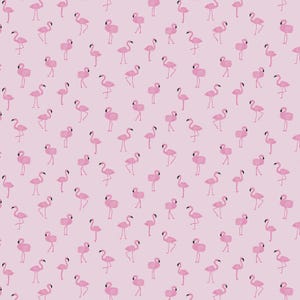 May include: A repeating pattern of pink flamingos on a light pink background. The flamingos are depicted in a simple, cartoon style, with their characteristic curved necks and long legs. The design is suitable for fabric or wallpaper.