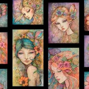May include: A fabric panel featuring watercolor portraits of women with floral and butterfly accents. The portraits have soft color palettes of blues, greens, pinks, and oranges. The artwork is framed by a black background.