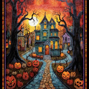 May include: A spooky Halloween scene with a green house, a full moon, and jack-o'-lanterns lining a cobblestone path. The house has a porch with a door and windows. The moon is behind the house and is surrounded by trees. The jack-o'-lanterns are all different sizes and shapes.