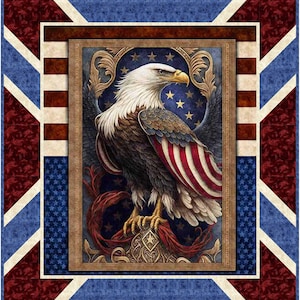May include: A rectangular quilt featuring a central panel of a bald eagle with white head and brown body, perched on a decorative base against a blue star-patterned background. The border displays a red, white, and blue patriotic flag motif.