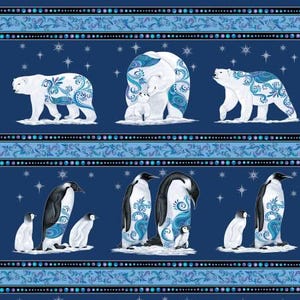 Polar Bear Penguin Stripe Fabric Panel Blue Multi Metallic 24" x 44" by Ann Lauer for Benartex 100% cotton Polar Attitude animal family