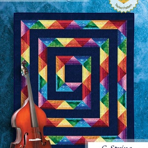 May include: A colorful quilt pattern with a geometric design, featuring a repeating pattern of triangles in shades of red, orange, yellow, green, blue, purple, and pink. The quilt is framed by a dark blue border. The quilt is titled "G-String" and the size is listed as "Twin size: 80" x 92".