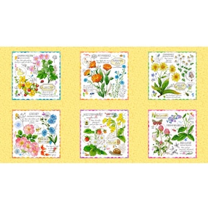 May include: A yellow fabric panel featuring six square botanical illustrations of various plants including Common Mallow, St. John's Wort, Pot Marigold, Chamomile, Chicory, Dog Rose, Wild Strawberry, Cowslip, Virginia Bluebells, and Red Clover with text.