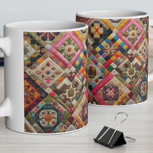 Taza de cerámica con patchwork acolchado, taza de café única, taza de té, regalo para quilters, decoración de cocina, utensilios de cocina de estilo vintage