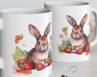 Keramische mok konijn en aardbeien, cadeau konijnliefhebber