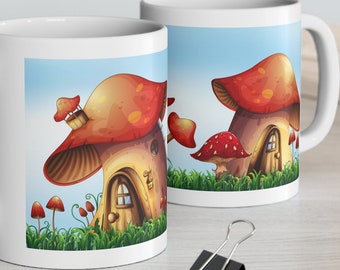 Taza de cerámica Mushroom House, diseño Cottagecore vibrante, 325 ml (11 oz)