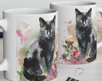 Taza con diseño de gato negro en acuarela, regalo para amantes de los gatos, taza de café de Halloween.