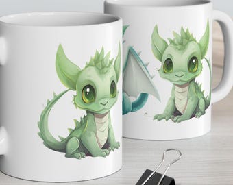 Taza de cerámica con diseño de bebé dragón y adorable criatura fantástica.