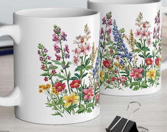 Taza de café de cerámica con diseño de flores silvestres, decoración botánica para la cocina.