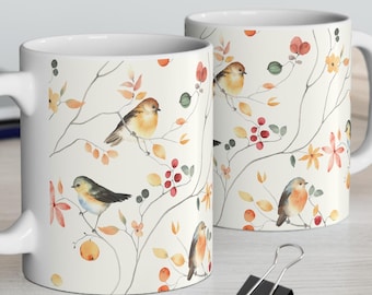 Floral Bird Mug, Elegant Ceramic Coffee Cup, Mother's Day Gift