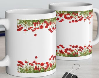 Red Poppy Border Mug | Floral Ceramic Coffee Cup (11oz)
