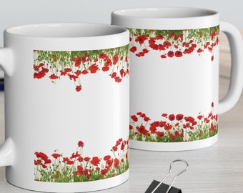 Taza de cerámica con amapolas arriba y abajo de 11 oz