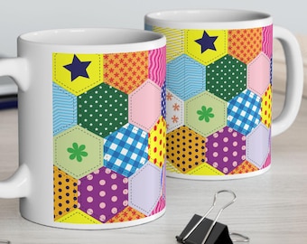 Sechseckige gesteppte Keramiktasse, Patchwork-Design, bunte Kaffeetasse