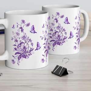 Blooming purple Butterfly Floral Mug | Elegant Butterfly Coffee Cup, Gift for Nature Lovers, Mother&#39;s Day, Tea Lover&#39;s Mug, Vintage Style