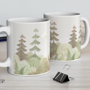 Subtle forest and deer design on this Mug 11oz Ceramic Mug with Woodland Scene in Muted Tones