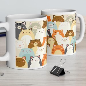 Ceramic Mug, (11oz), Cute Cat Lover Coffee Cup, Kitty Cat Congregation Tea Mug, Cat Mom Gift, Feline Fan Present, Cat Lady Mug.