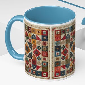 Mugg med quiltmönster | 340 g keramikmugg med mysig quiltbild | Kaffekopp med lapptäcke | Presentidé för quiltare | Handgjord estetik