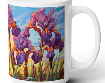 Taza de cerámica con diseño floral de iris, arte de jardín de flores, 444 ml (15 oz)