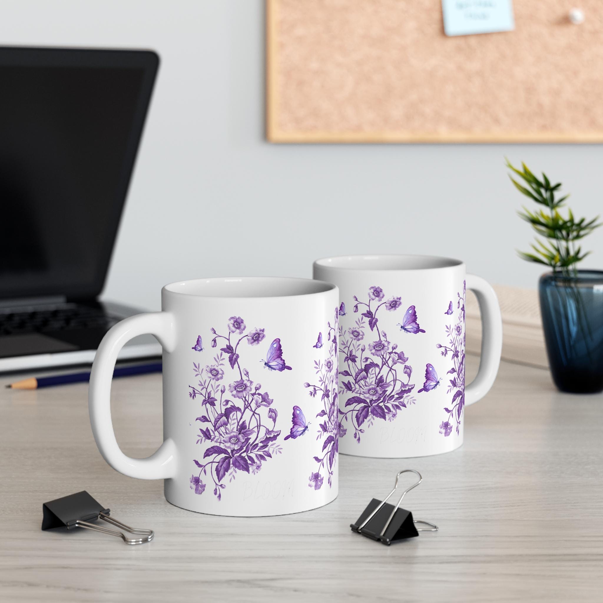 蝶と花柄のマグカップ｜白い陶器にエレガントな紫色の花 - Etsy 日本
