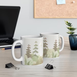 Subtle forest and deer design on this Mug 11oz Ceramic Mug with Woodland Scene in Muted Tones