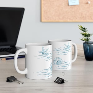 Elegant Starfish & Shells Mug | 11oz Ceramic Mug with Coastal Beach Design | Sea-Inspired Coffee Cup | Ocean Lover Gift