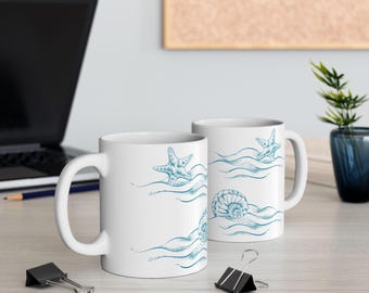 tasse de plage côtière | Étoiles de mer et coquillages élégants, cadeau pour les amoureux de l'océan