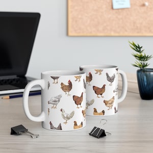 Chicken Hen Fancier Mug 11oz, Farm Animal Coffee Cup, Rooster Lover Tea Mug, Barnyard Bird Kitchen Decor, Hen Pattern Drinkware