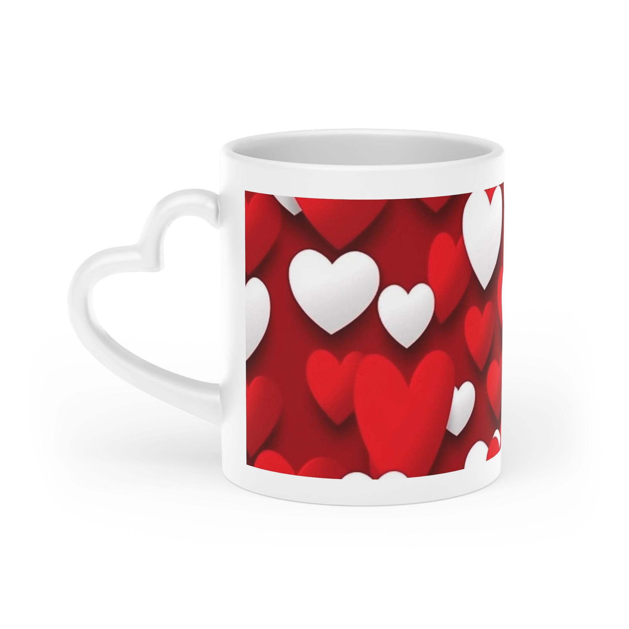 Heart-shaped Handle Mug, Red and White Hearts, Ceramic Coffee Cup 